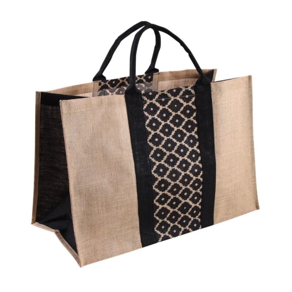 Sac à bûches en jute noir et beige