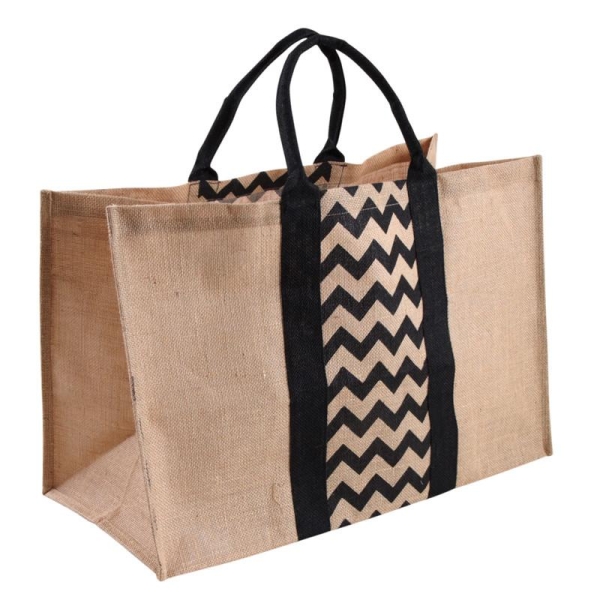 Sac à bûches en jute beige et noir