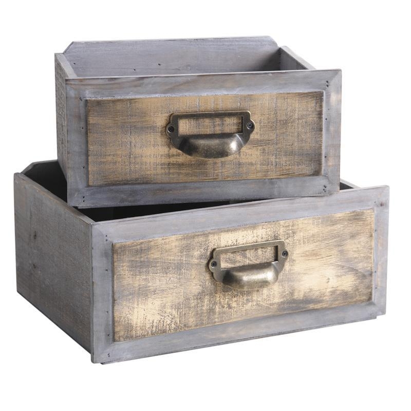 Lot de 2 corbeilles tiroirs bois teinté